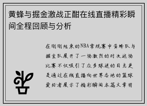 黄蜂与掘金激战正酣在线直播精彩瞬间全程回顾与分析