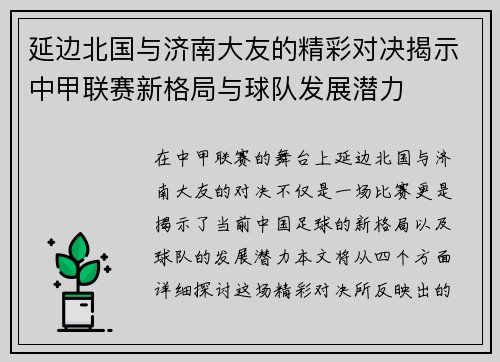 延边北国与济南大友的精彩对决揭示中甲联赛新格局与球队发展潜力