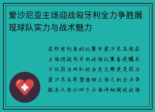 爱沙尼亚主场迎战匈牙利全力争胜展现球队实力与战术魅力