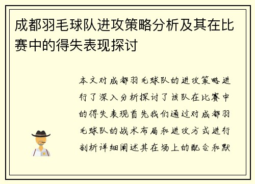 成都羽毛球队进攻策略分析及其在比赛中的得失表现探讨