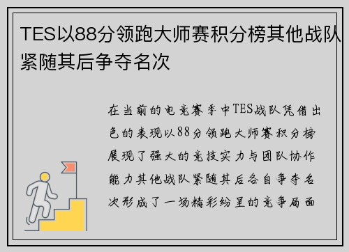 TES以88分领跑大师赛积分榜其他战队紧随其后争夺名次